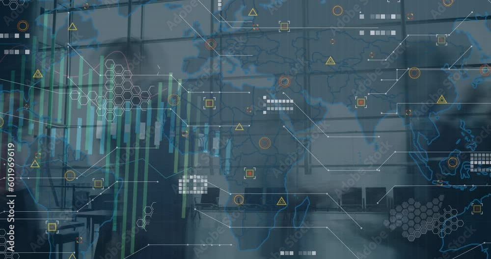 Poster animation of world map and data processing against time-lapse of businesspeople walking at office