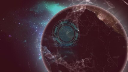 Animation of neon ticking clock over spinning globe in space - Powered by Adobe