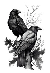Two black raven in Art black drawn in Charcoal Ink and Pencil - 601969859