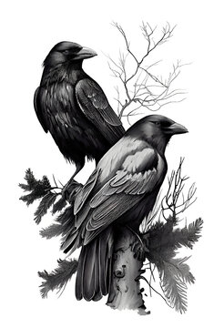 Two black raven in Art black drawn in Charcoal Ink and Pencil