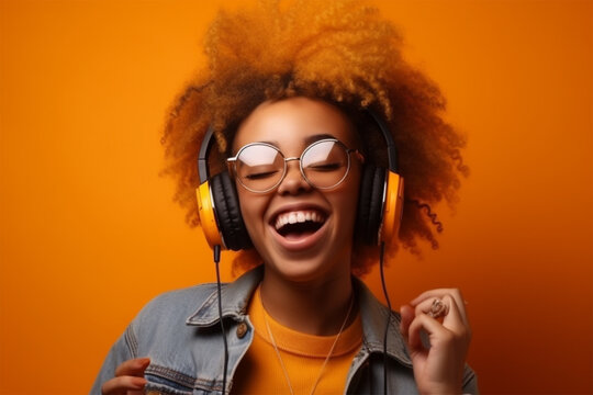 Young Happy African American Woman On A Bright Background In Headphones Listens To Music. Generative AI