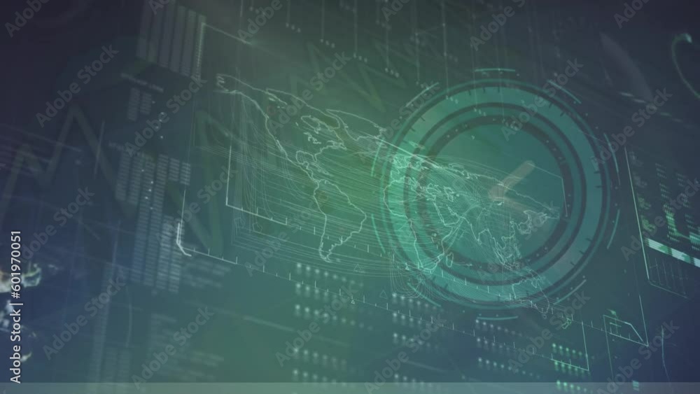 Poster animation of neon ticking clock against interface with data processing over world map