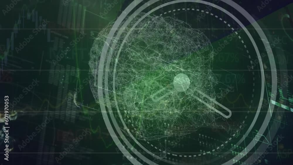 Aufkleber animation of neon ticking clock and spinning human brain icon against interface with data processing