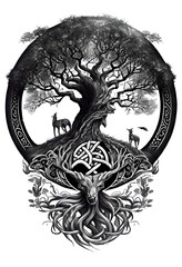Viking world tree Yggdrasil in Art black drawn in Charcoal Ink and Pencil - obrazy, fototapety, plakaty