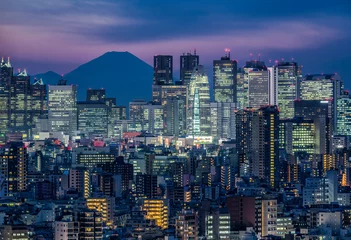 Foto auf Acrylglas Tokyo skyline at night with view of Mount Fuji in the background © eyetronic