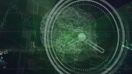 Animation of neon ticking clock and spinning human brain icon against interface with data processing - Powered by Adobe