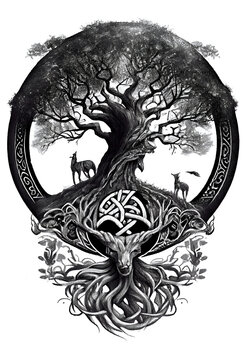 Viking world tree Yggdrasil in Art black drawn in Charcoal Ink and Pencil