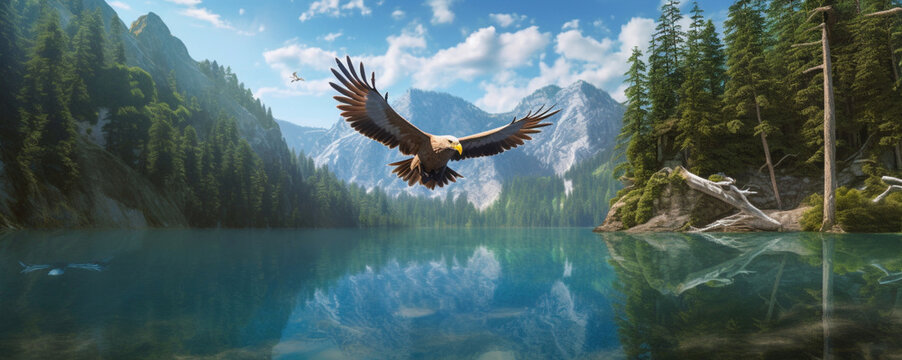 A generative AI illustration of a giant eagle flying over an idyllic mountain lake. The lake is surrounded by mountains.