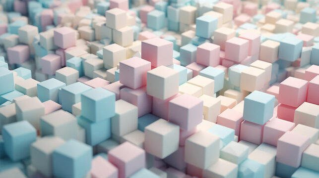 Dreamy, pastel cubes in white space. Mesmerizing, ethereal, playful. Soft hues, depth, movement. Ultra-realistic, 4K resolution.