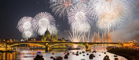  Fireworks in Budapest over Margaret bridge and Parliament © Yury Kirillov