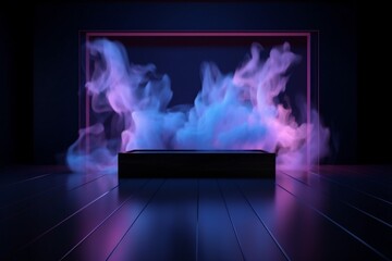neon room background blue light smoke space night fog abstract rays. Generative AI.