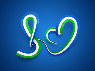 3d Flag Of Sierra leone Heart-Shaped Shiny Wavy Awareness Ribbon On Blue Background,3d illustration