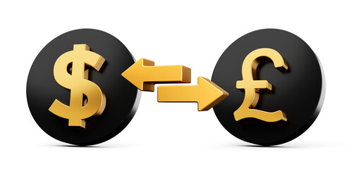 3d Golden Dollar And Pound Symbol On Rounded Black Icons With Money Exchange Arrows, 3d illustration