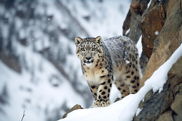 Fototapeta premium Elusive Snow Leopard in the Snow - Captured by Generative AI 