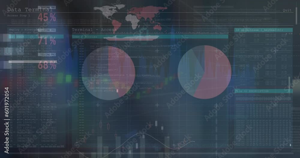 Poster animation of interface with statistical data processing against grey background