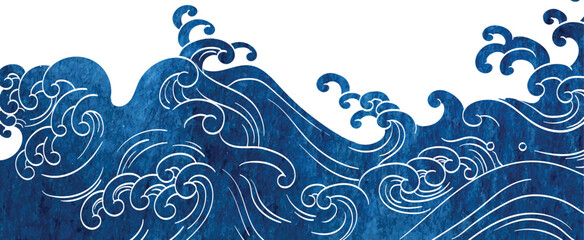  Japanese background with watercolor texture painting element vector. Oriental natural wave pattern with ocean sea decoration banner design in vintage style. Marine template.