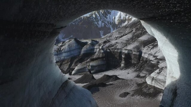 Flying Through Ice Cave Tunnel On A Sunny Day In Kotlujokull Glacier, South Iceland. - aerial