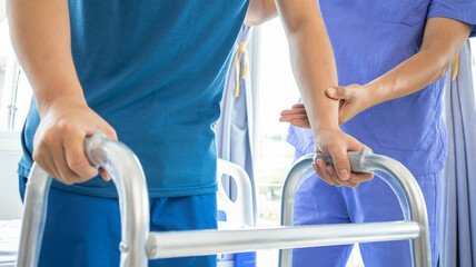 Professional therapist stretching Patients with muscular disease, rehabilitation and treatment of physiological disorders according to the concept of a physiotherapist.