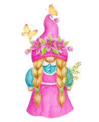 Springtime Gnome girl with spring flowers and butterflies. Watercolor drawing. Garden gnome clipart isolated on white background.