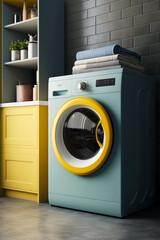 Yellow and blue washer sitting next to dryer in room. Generative AI.