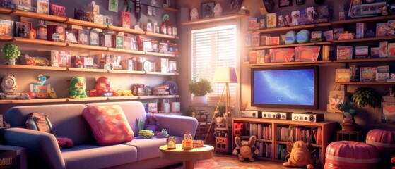 Naklejka premium Retro game room, room for playing classic video games, 80s and 90s. Arcade machines, game consoles, nostalgic decor. Generative AI