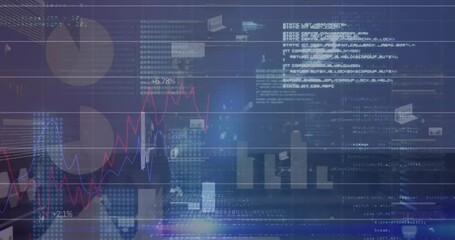 Animation of statistical data processing and blue light spot against aerial view of cityscape - Powered by Adobe