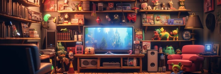 Retro game room, room for playing classic video games, 80s and 90s. Arcade machines, game consoles, nostalgic decor. Generative AI