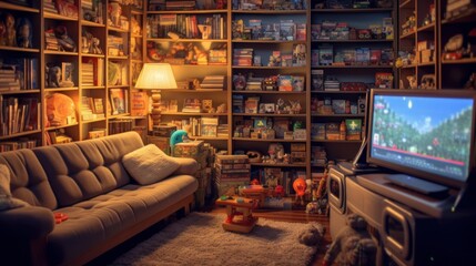 Retro game room, room for playing classic video games, 80s and 90s. Arcade machines, game consoles, nostalgic decor. Generative AI