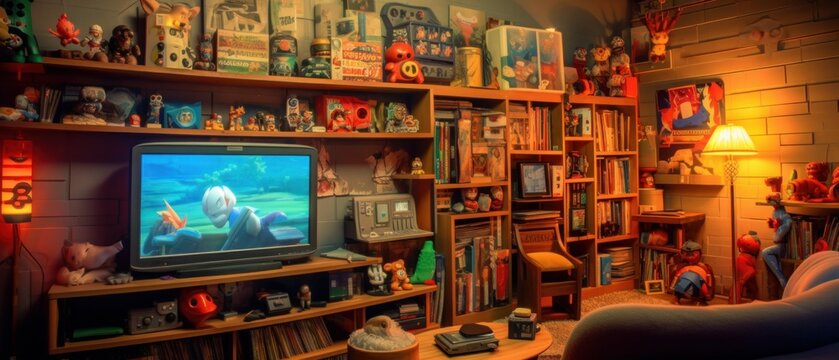 Retro game room, room for playing classic video games, 80s and 90s. Arcade machines, game consoles, nostalgic decor. Generative AI
