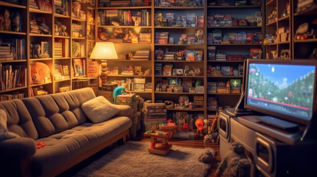 Retro game room, room for playing classic video games, 80s and 90s. Arcade machines, game consoles, nostalgic decor. Generative AI