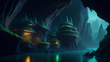 Cave in the night on the alien planet (Created with Generative AI technology)