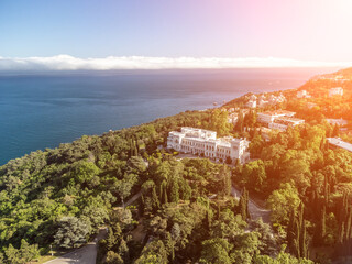 Aerial View of Livadia Palace - located on the shores of the Black Sea in the village of Livadia in the Yalta region of Crimea. Livadia Palace was a summer retreat of the last Russian tsar Nicholas II