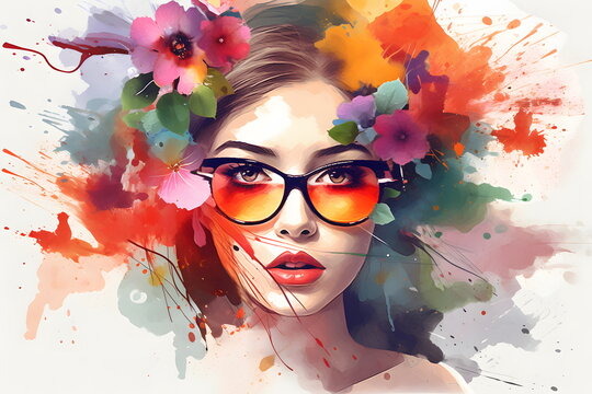 Image of woman with flowers in her hair and glasses on her head. Generative AI.