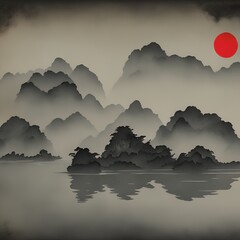 A Chinese traditional ink painting of a lake with mountains with fog and red sun in the background. Generative AI