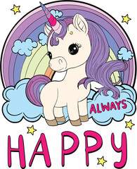 Inspiration. Always Happy. Cute unicorn cartoon. Valentine's day.  Hand drawn with black and white lines. Coloring for adults and kids. Vector Illustration.