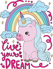 Inspiration. Cute unicorn cartoon and rainbow. Valentine's day.  Hand drawn with black and white lines. Coloring for adults and kids. Vector Illustration.