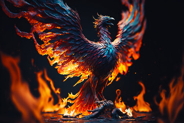 Fire bird sitting on top of pile of fire next to black background. Generative AI.