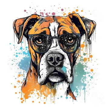 Boxer Dog Wearing Glasses With Splash Of Paint On It's Face. Generative AI.