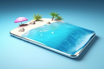 concept creative cyber palm sand up mock summer phone holiday sea. Generative AI.