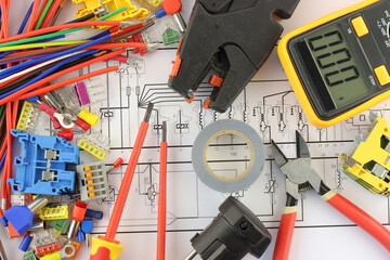 Electrical tools and materials for the installation of an electric panel in close-up.
