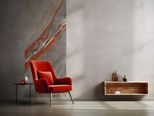 interior with a grey wall, red chair and a shelf in the style of rustic mockup
