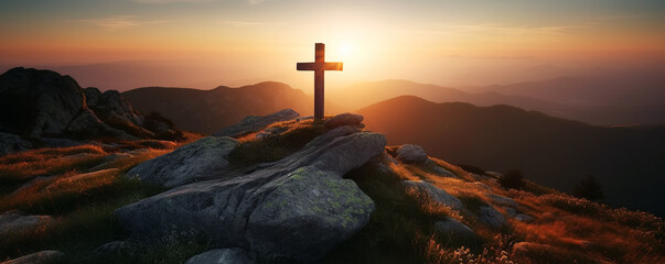 religious christian cross crucifixion on top of mountain at sunset. Generative AI illustration - obrazy, fototapety, plakaty