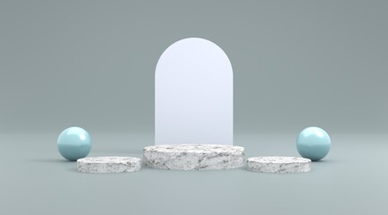 3d Platform marble and sphere blue color in gray background 3d illustration rendering . suitable for product design, event flyer and etc