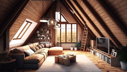 nice room in the attic, soft colors, modern style