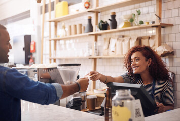 Credit card, coffee shop and happy woman with customer for payment, financial transaction and point of sales service. Finance, trade and bills at cashier in cafe, b2c shopping and restaurant store
