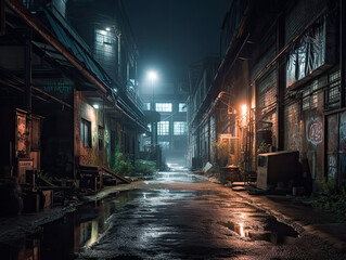 Industrial urban street city night scene with vintage factory warehouses and train tracks - obrazy, fototapety, plakaty