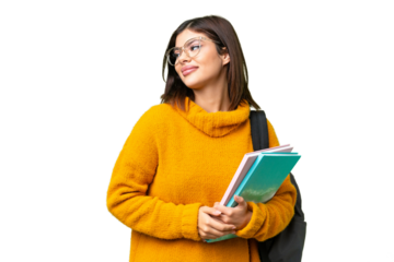 Young student woman over isolated chroma key background looking to the side and smiling