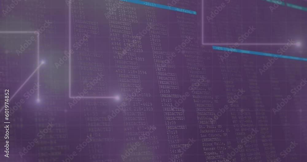 Poster animation of connecting dots and data processing over grid network against purple background