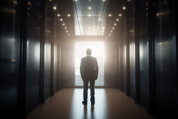 Obraz premium A confident businessman walks down a hallway towards the progress and success of his business. Ai generative.