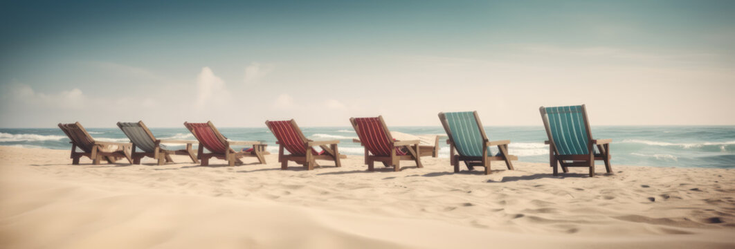 Lounge chairs on a sandy beach, the perfect spot for weekend relaxation. Feel the sand between your toes and the warmth of the sun on your skin. Ai generative.